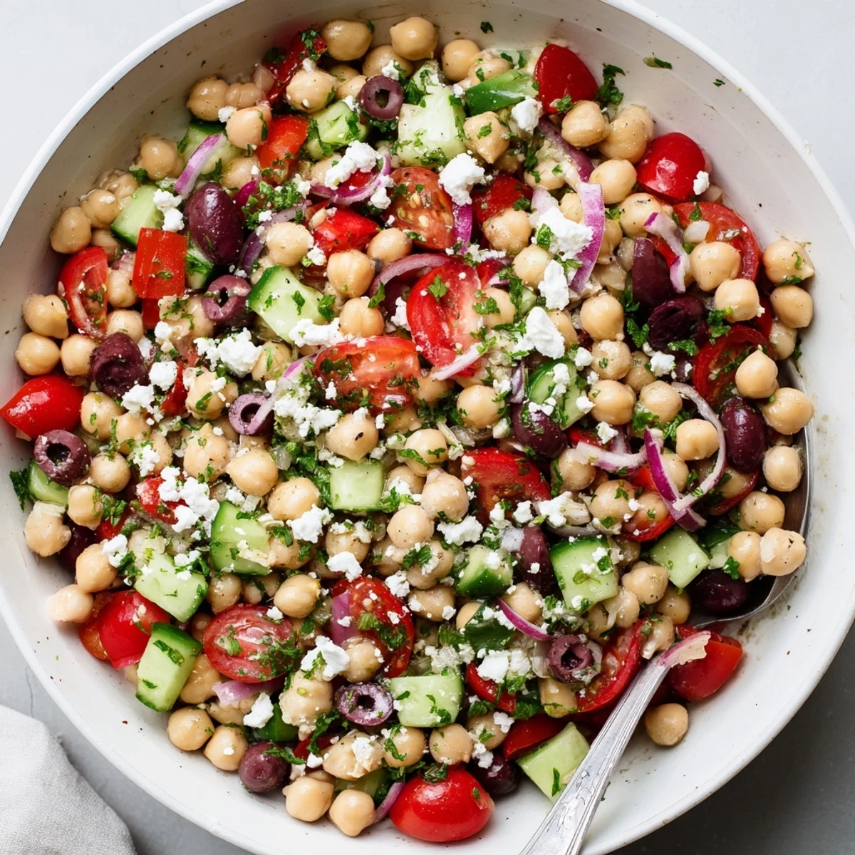 Colorful Mediterranean chickpea salad bowl with crisp vegetables, olives, and fresh herbs