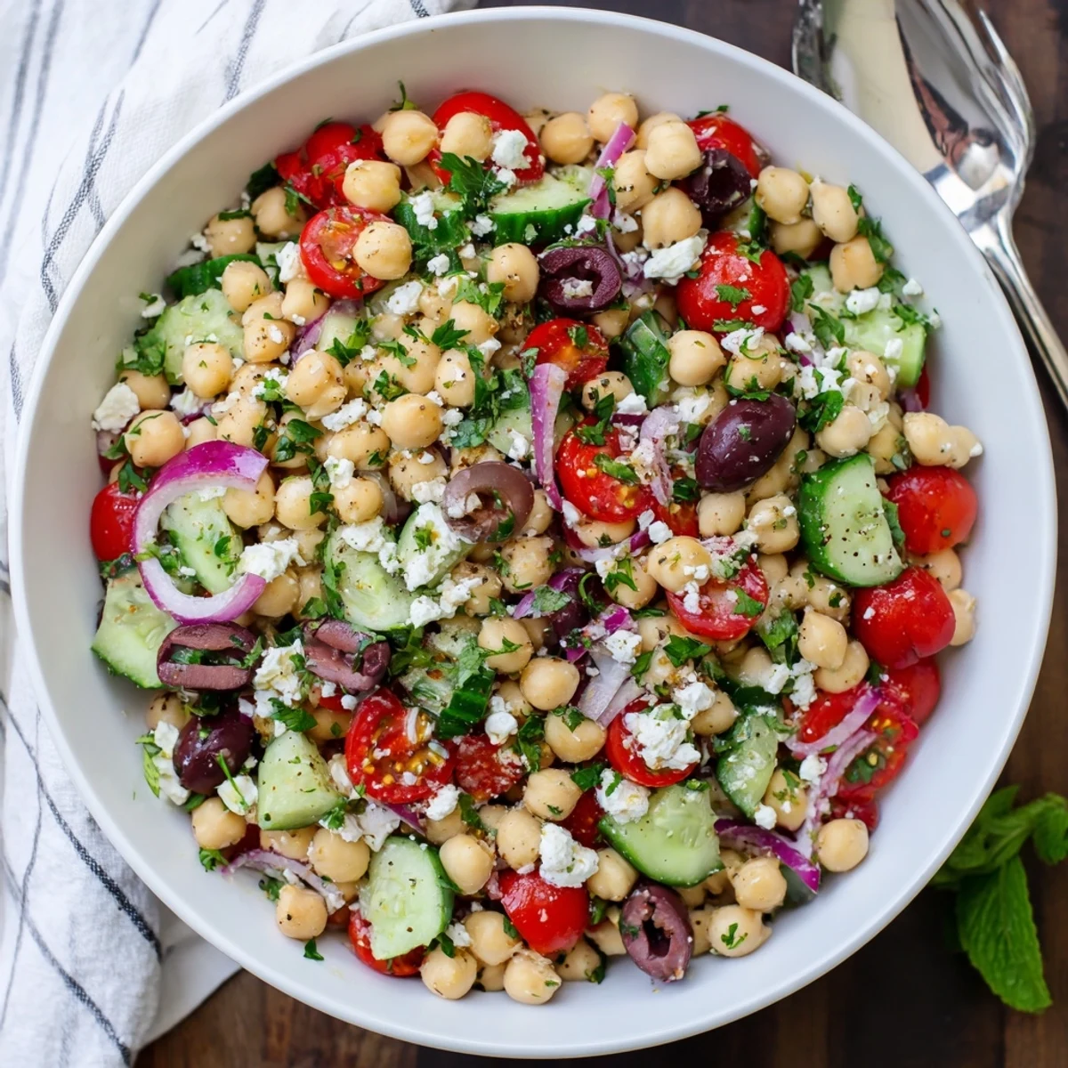 Protein-packed Mediterranean chickpea salad with vibrant diced vegetables and zesty lemon dressing