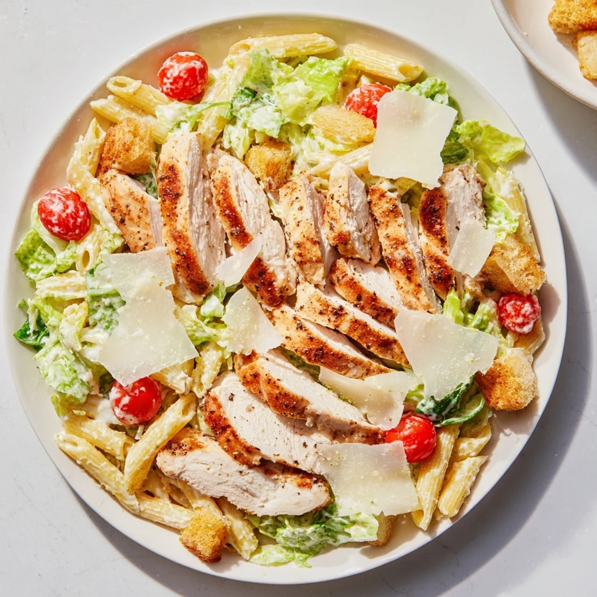 Golden sliced chicken rests on a bed of romaine and pasta with Caesar dressing