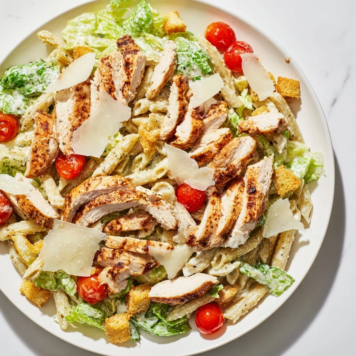 Creamy chicken Caesar pasta salad topped with croutons and shaved Parmesan cheese