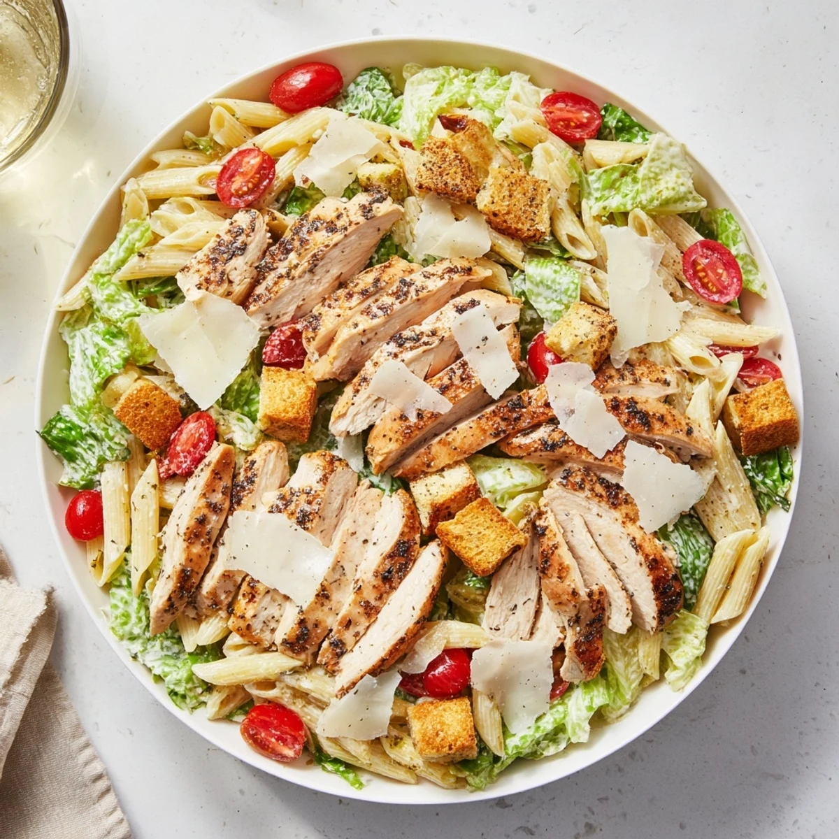 Sliced grilled chicken and al dente pasta tossed in homemade Caesar dressing