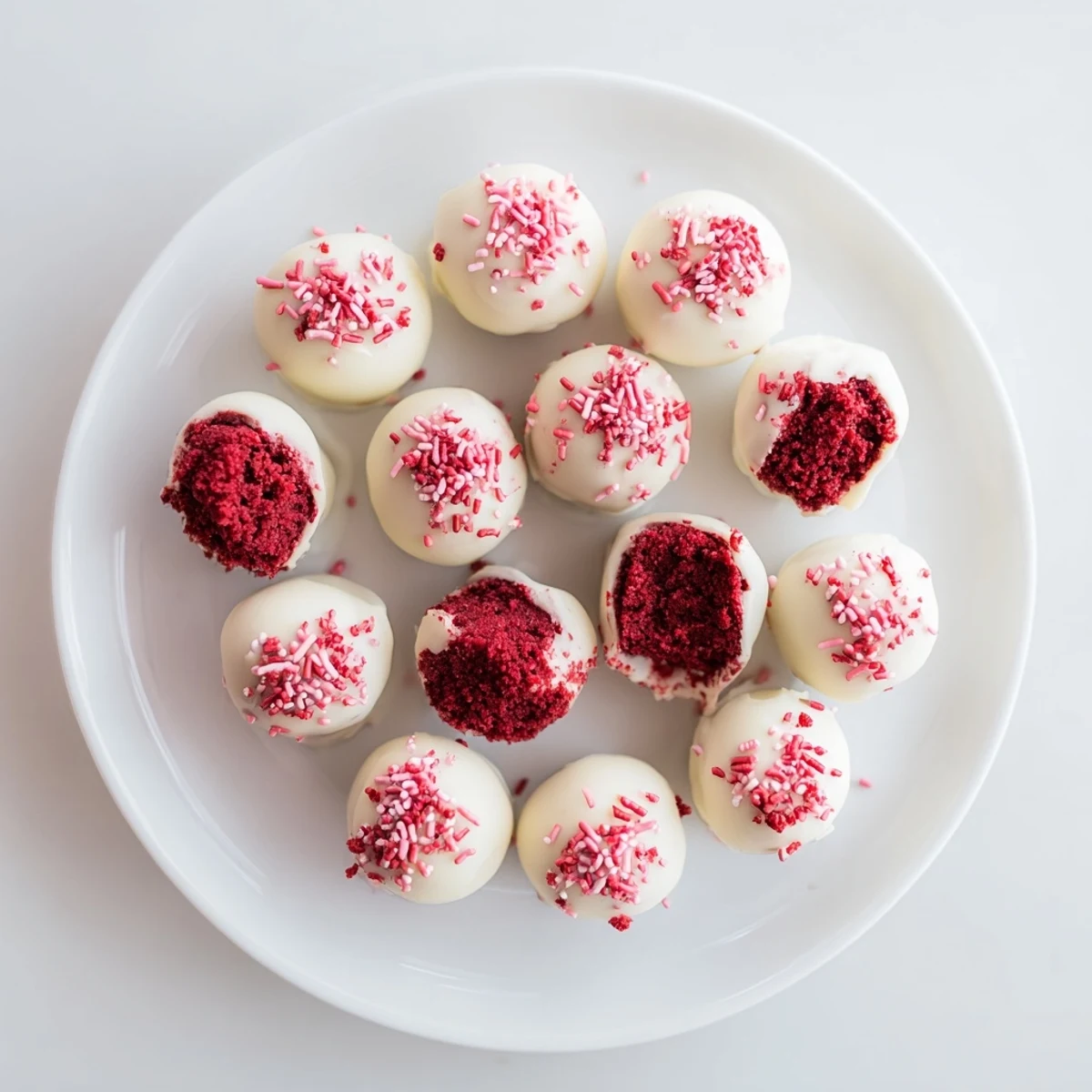 Bite-sized red velvet cake truffles on a white decorative plate for party desserts