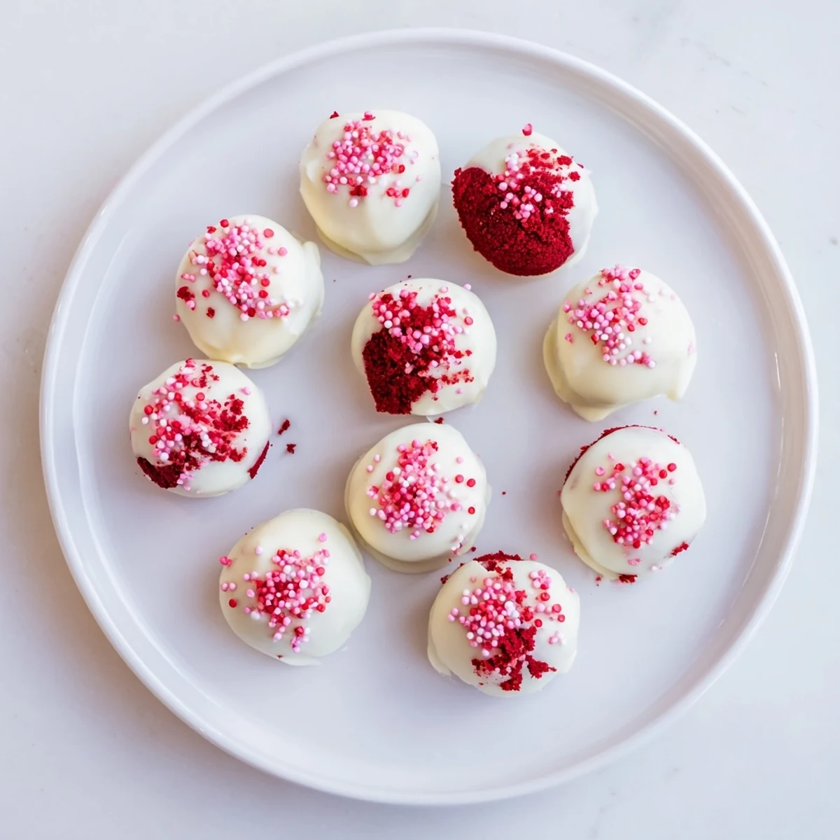 Easy red velvet cake truffles drizzled with white chocolate and topped with red sprinkles