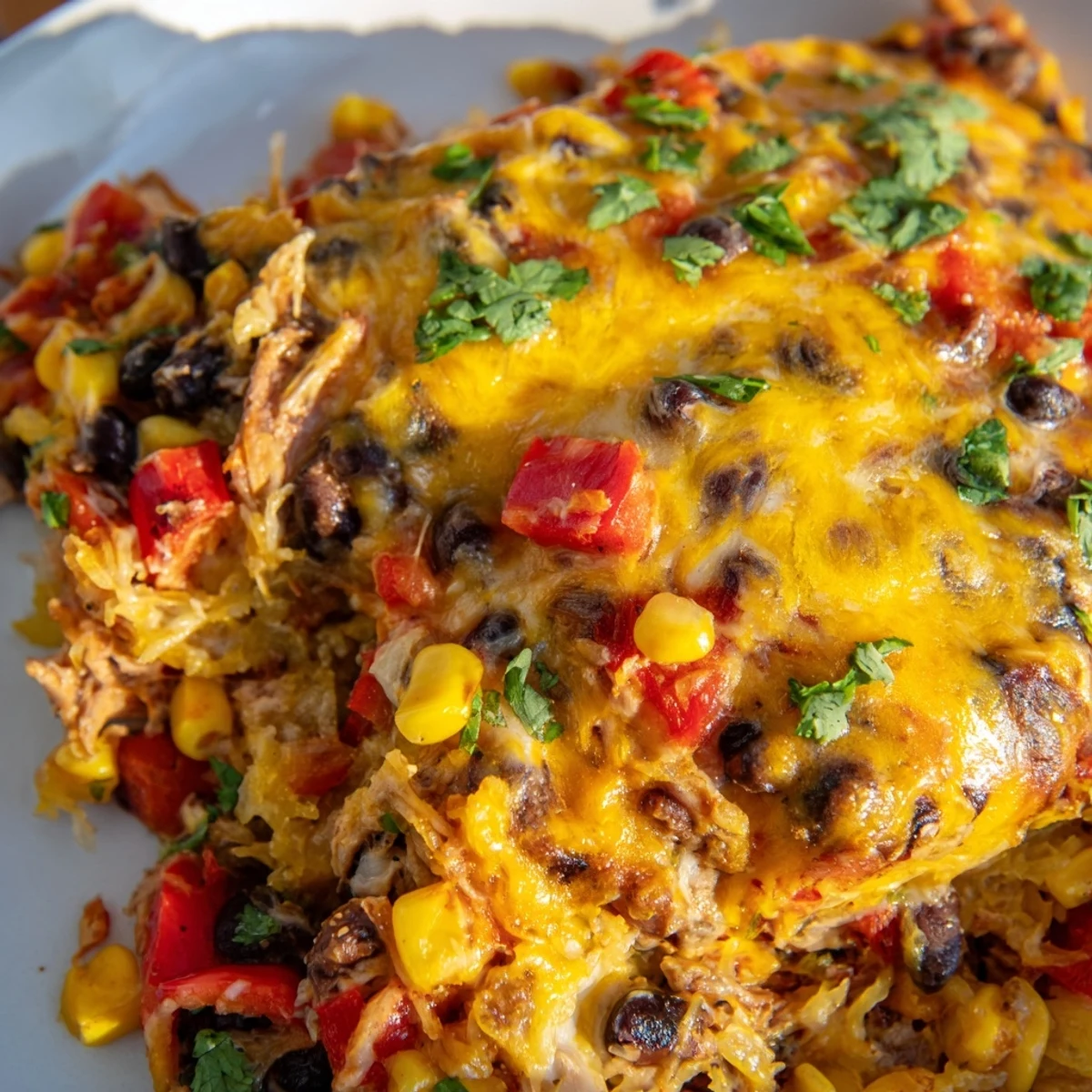 Gluten-free Mexican spaghetti squash casserole fresh from the oven with bubbling cheddar and Monterey Jack cheese