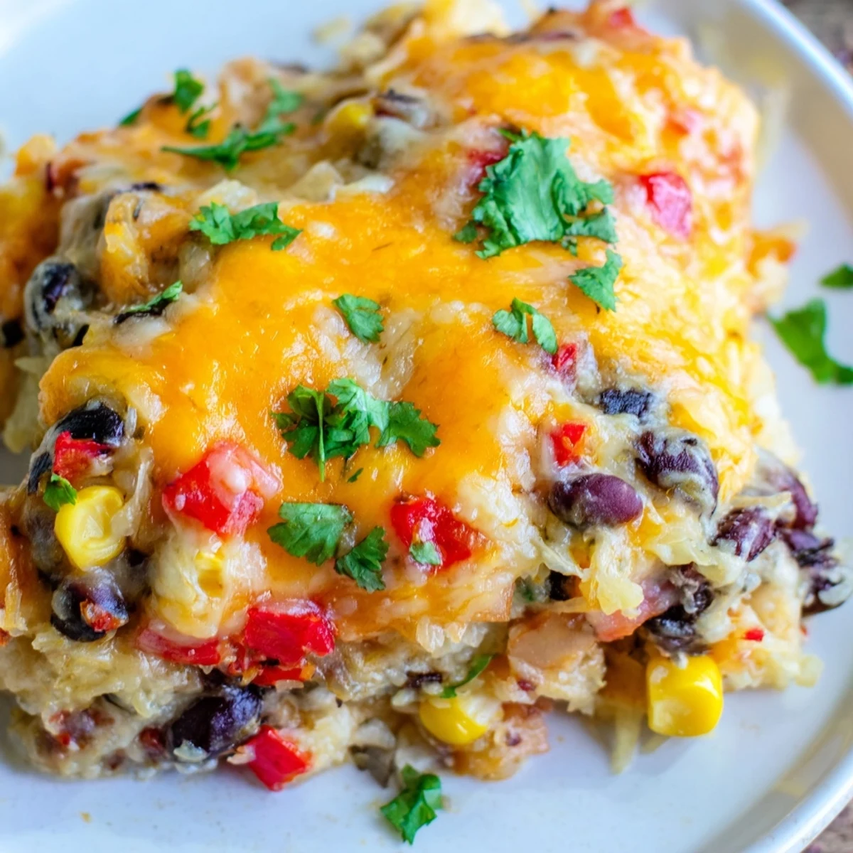 Baked Mexican spaghetti squash casserole featuring roasted squash strands mixed with spiced black beans and corn