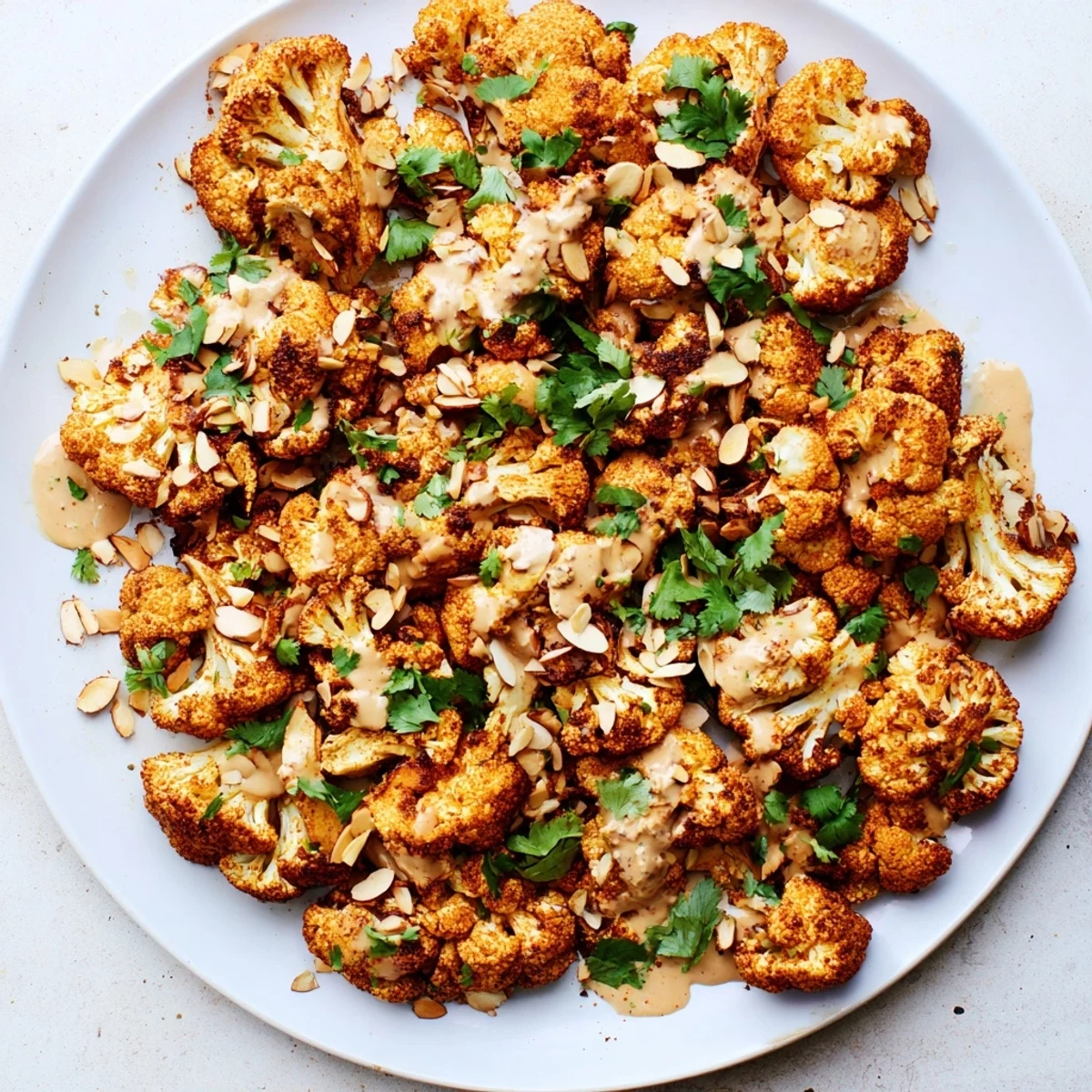 Golden roasted Moroccan cauliflower flolets drizzled with creamy tahini honey sauce and fresh herbs