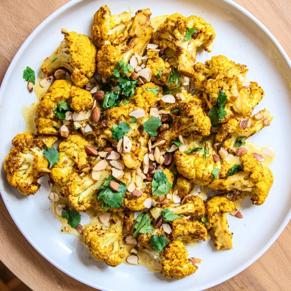 Spiced Moroccan cauliflower with tahini honey arranged on a white serving platter with almonds