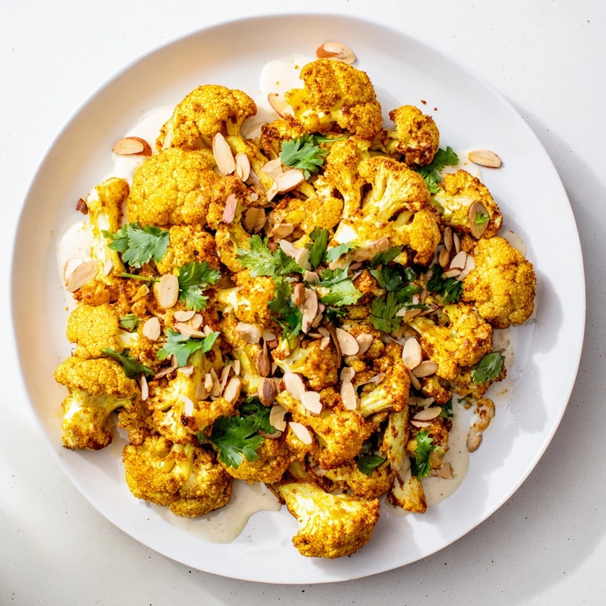 Crispy tender Moroccan cauliflower topped with sweet tahini honey glaze and chopped cilantro garnish