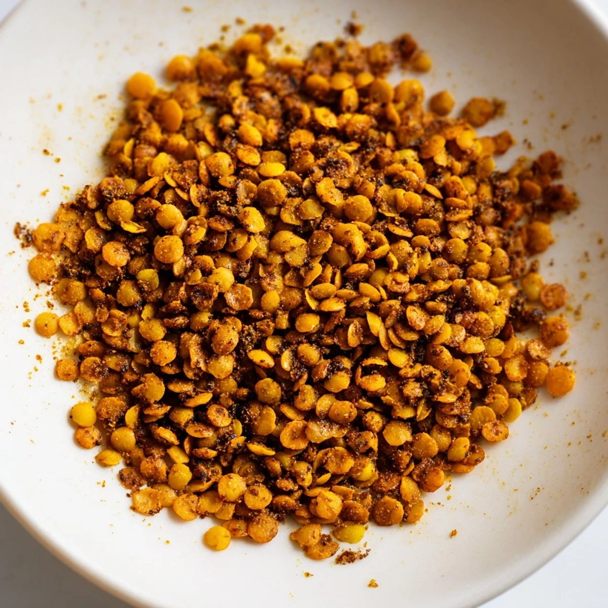 Golden brown crispy roasted lentils sprinkled with smoky spices on a white baking sheet