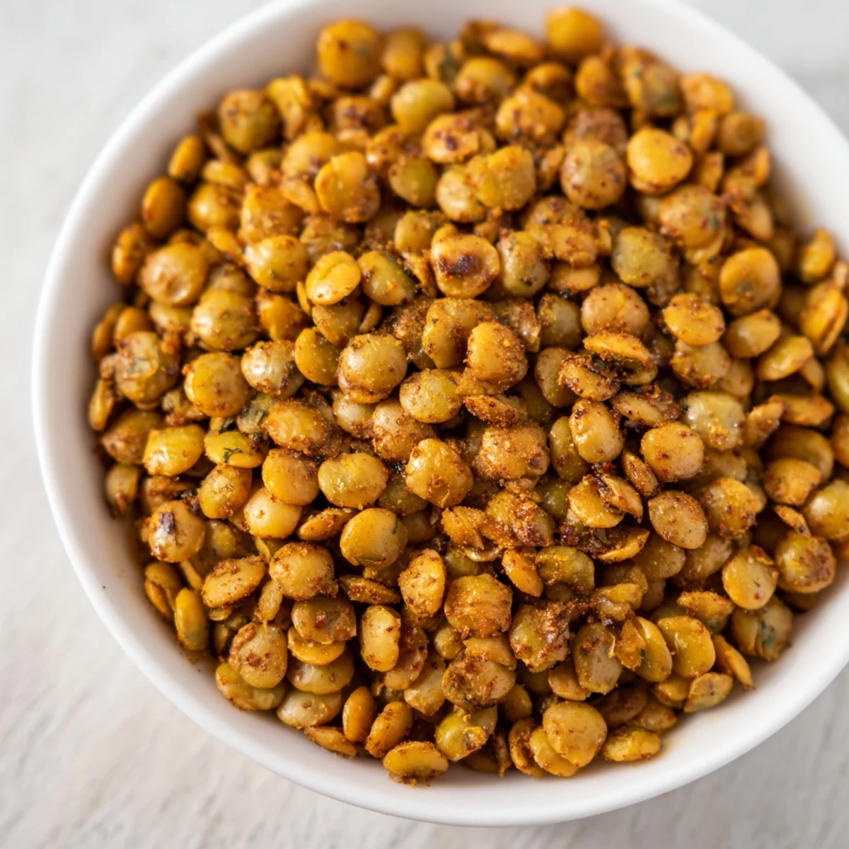 Bowl of crunchy seasoned crispy roasted lentils ready for snacking or salad toppings