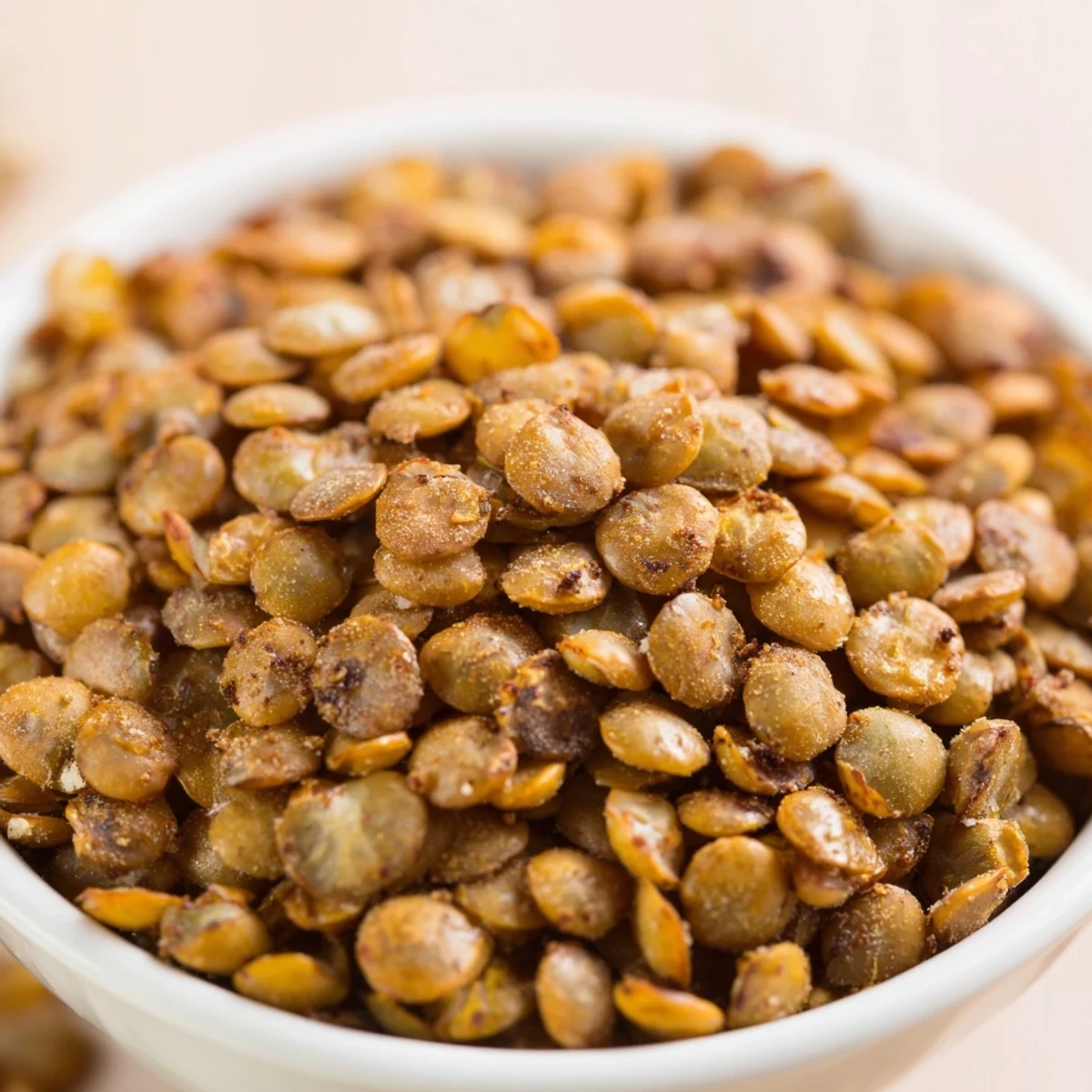 Close-up of crispy roasted lentils coated in paprika and cumin, golden and perfectly crunchy