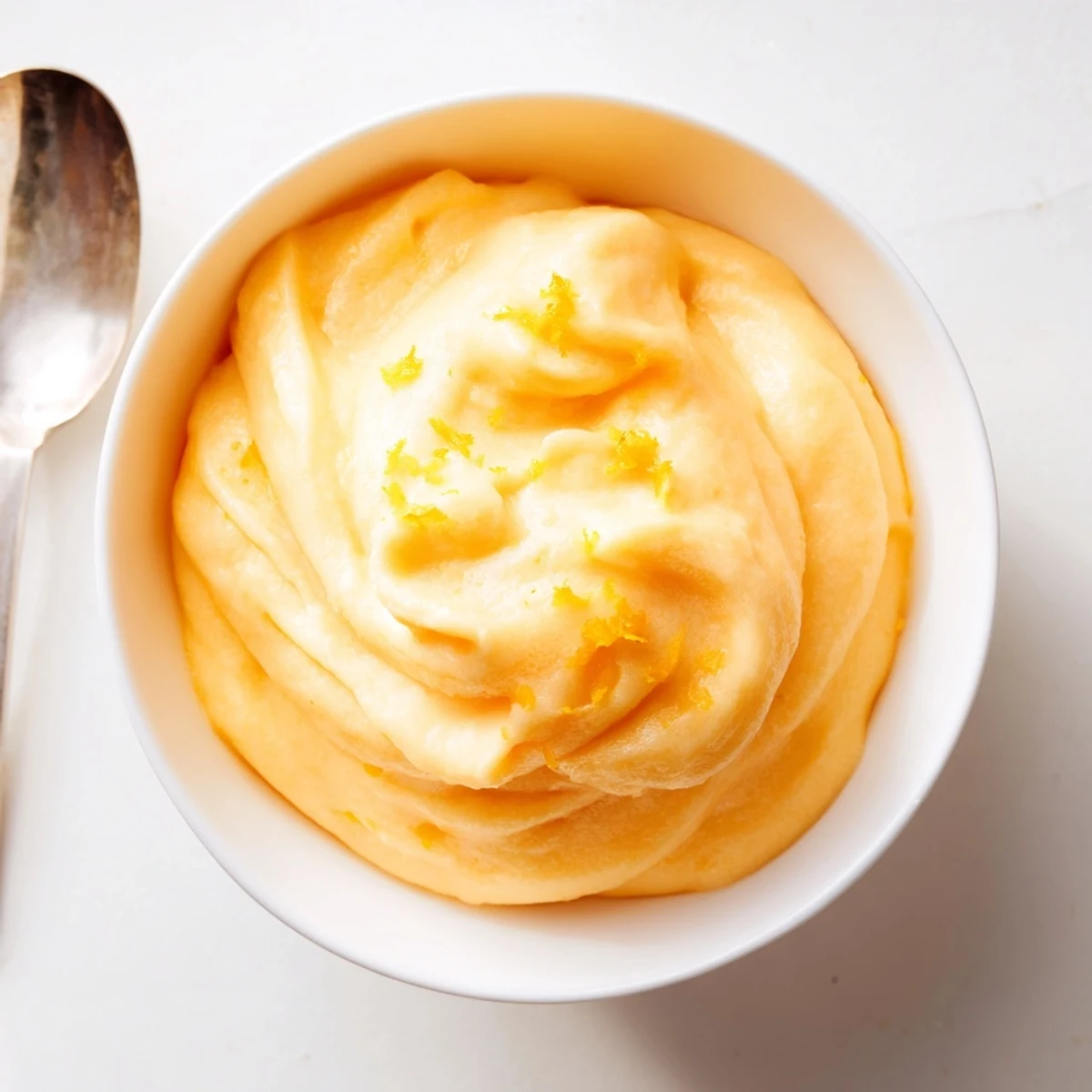 Smooth homemade orange Dole Whip served in a vintage dessert glass with edible flower decoration
