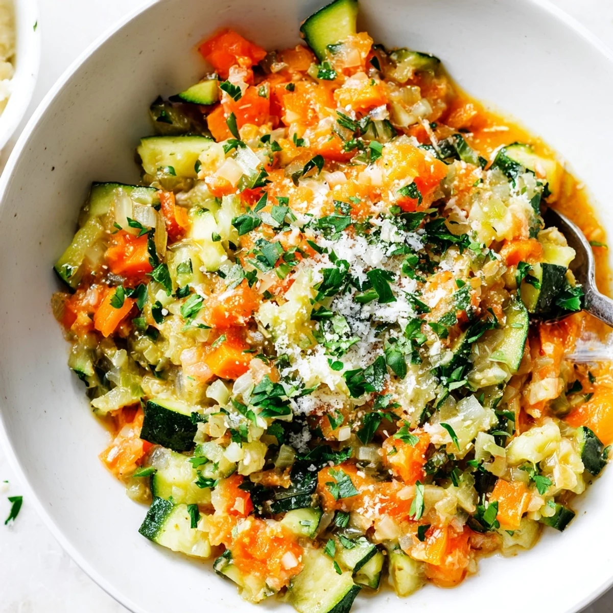 Creamy Italian zucchini sauce with diced zucchini and tomatoes simmered in olive oil