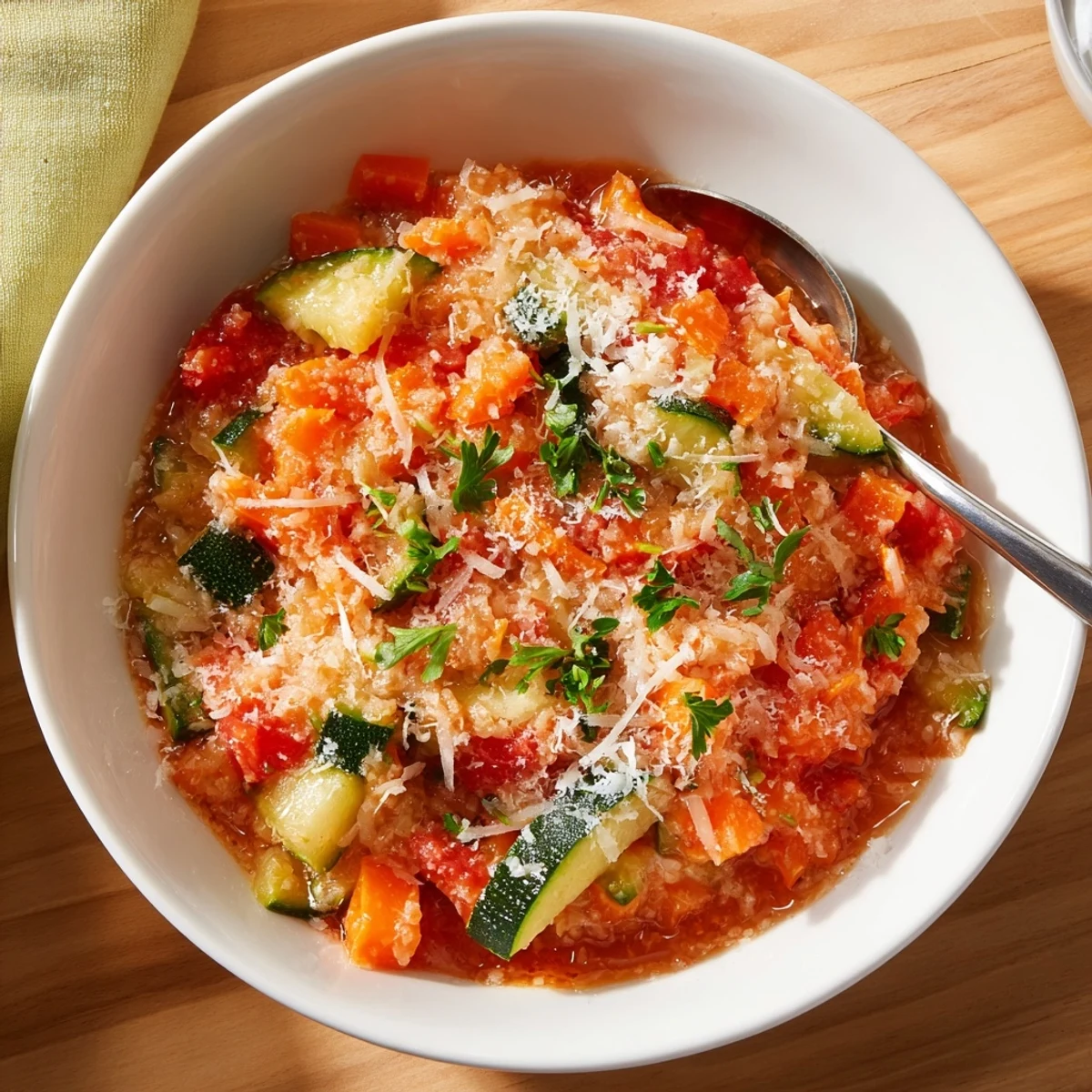 Vibrant green zucchini sauce pasta topped with fresh parsley and grated Parmesan cheese