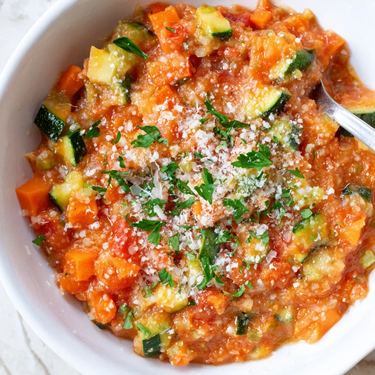 Savory Italian zucchini sauce plated over spaghetti with tender zucchini chunks and herbs