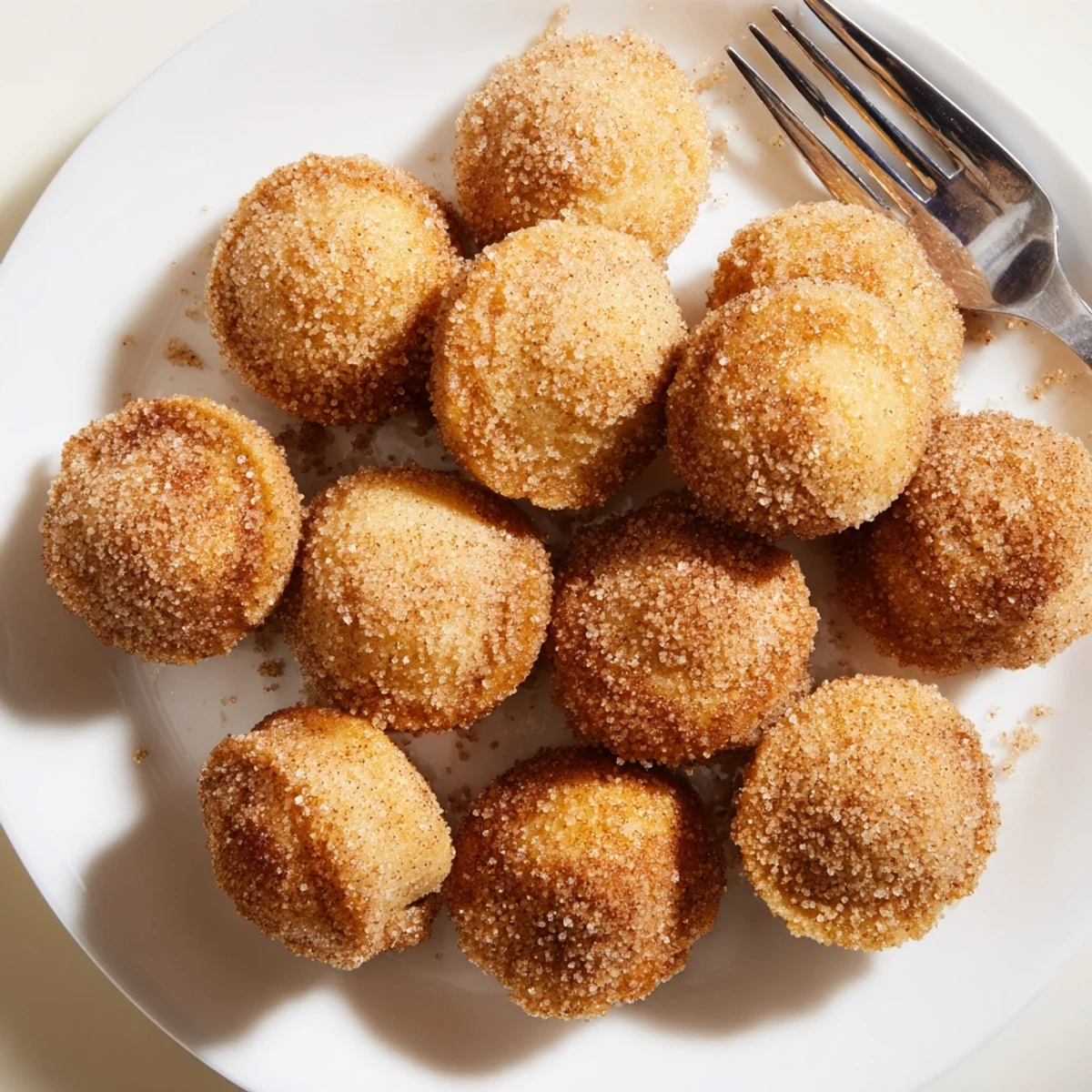 Golden cinnamon sugar mini muffins arranged on a white serving plate with a light dusting of sweet spice coating