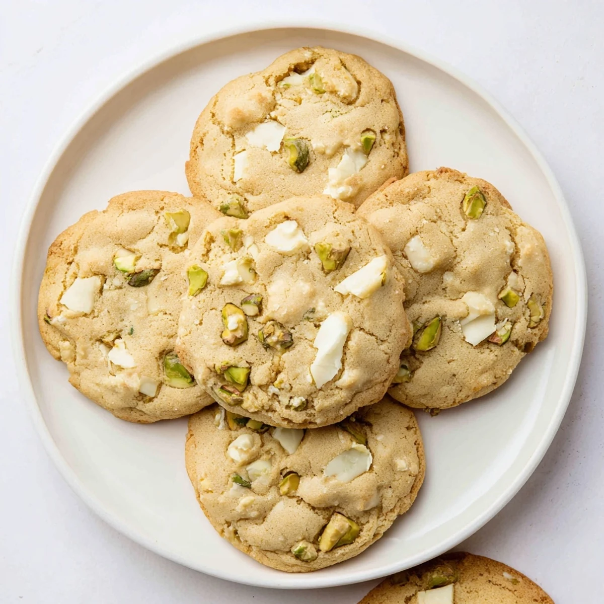 Freshly baked white chocolate pistachio cookies showing crisp edges and soft centers with melted chips
