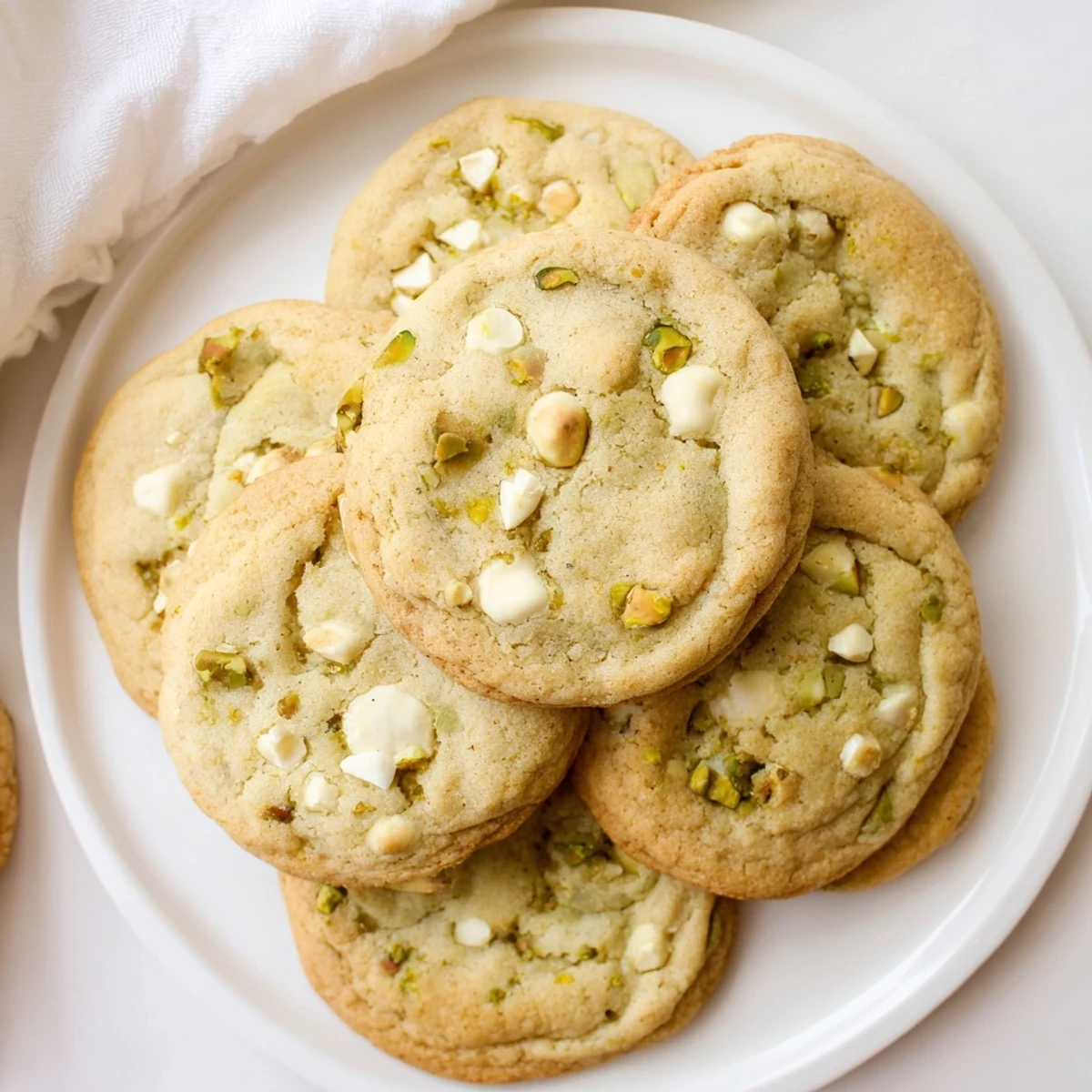 Golden white chocolate pistachio cookies with visible chunks and green nut speckles on a cooling rack