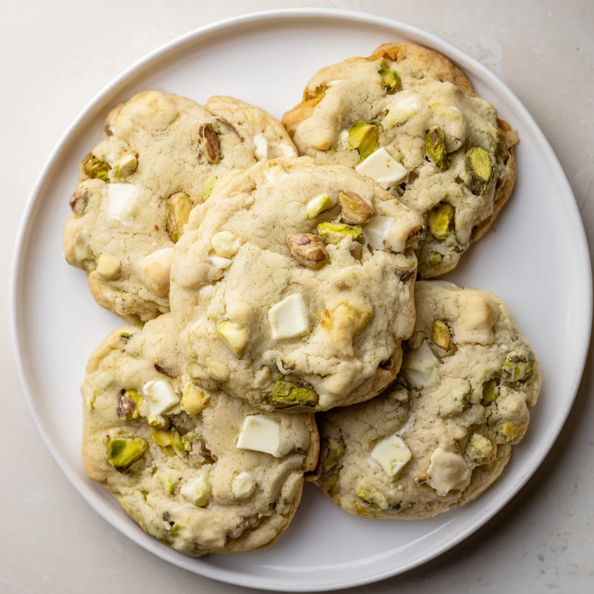 Stack of buttery white chocolate pistachio cookies topped with extra chopped pistachios and chocolate pieces