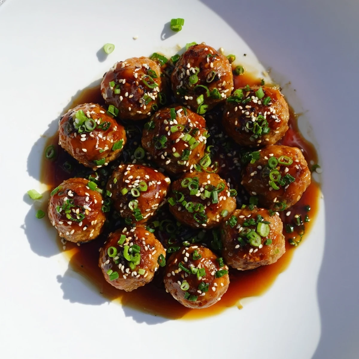 Plate of Japanese chicken meatballs drizzled with glossy homemade teriyaki sauce over rice