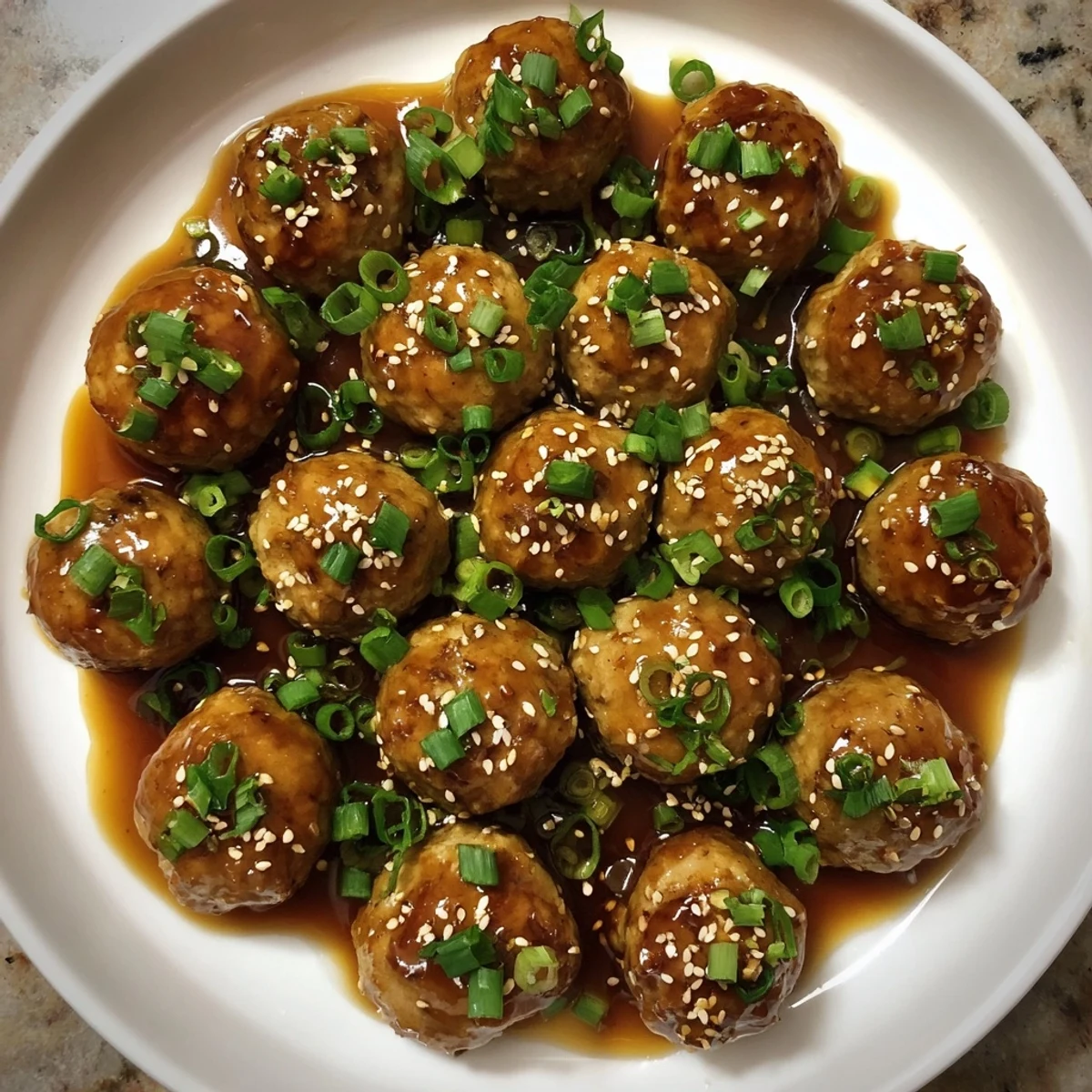 Juicy chicken meatballs simmered in sweet savory teriyaki glaze with sesame seeds