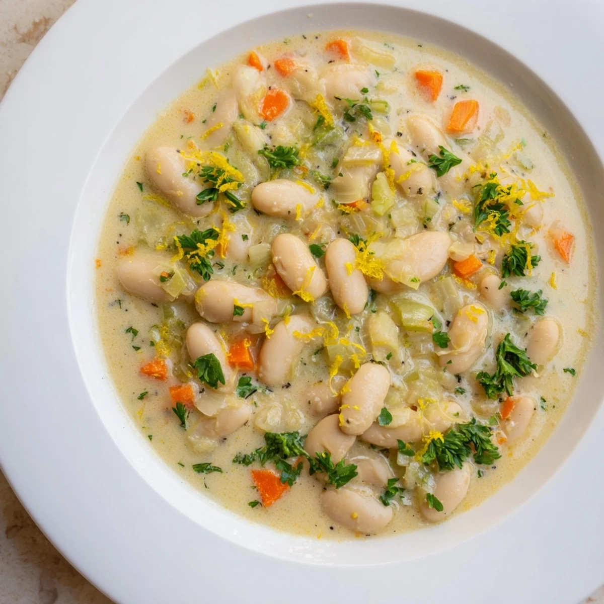 Hearty butter beans and leeks dish garnished with parsley ready for a comforting meal