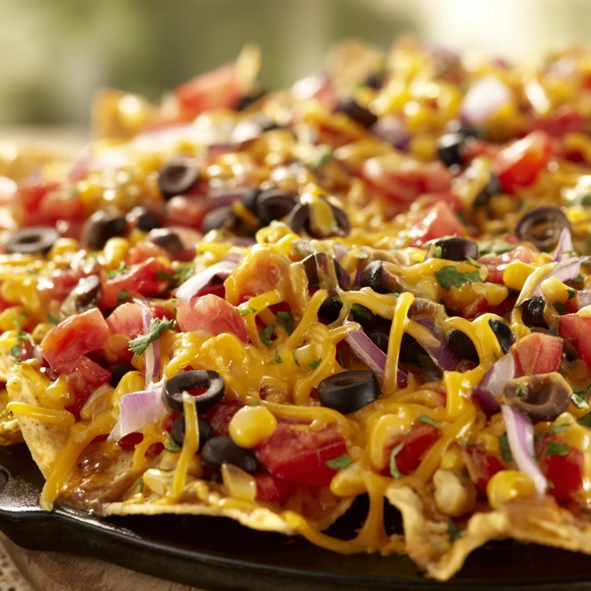 Golden brown bundt pan nachos with melted cheese and colorful toppings ready for sharing