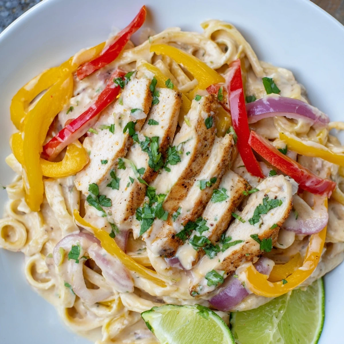 Creamy Southwest chicken alfredo with seasoned sliced chicken breast, colorful bell peppers, and smoky spice blend over tender fettuccine pasta garnished with fresh cilantro and lime wedges