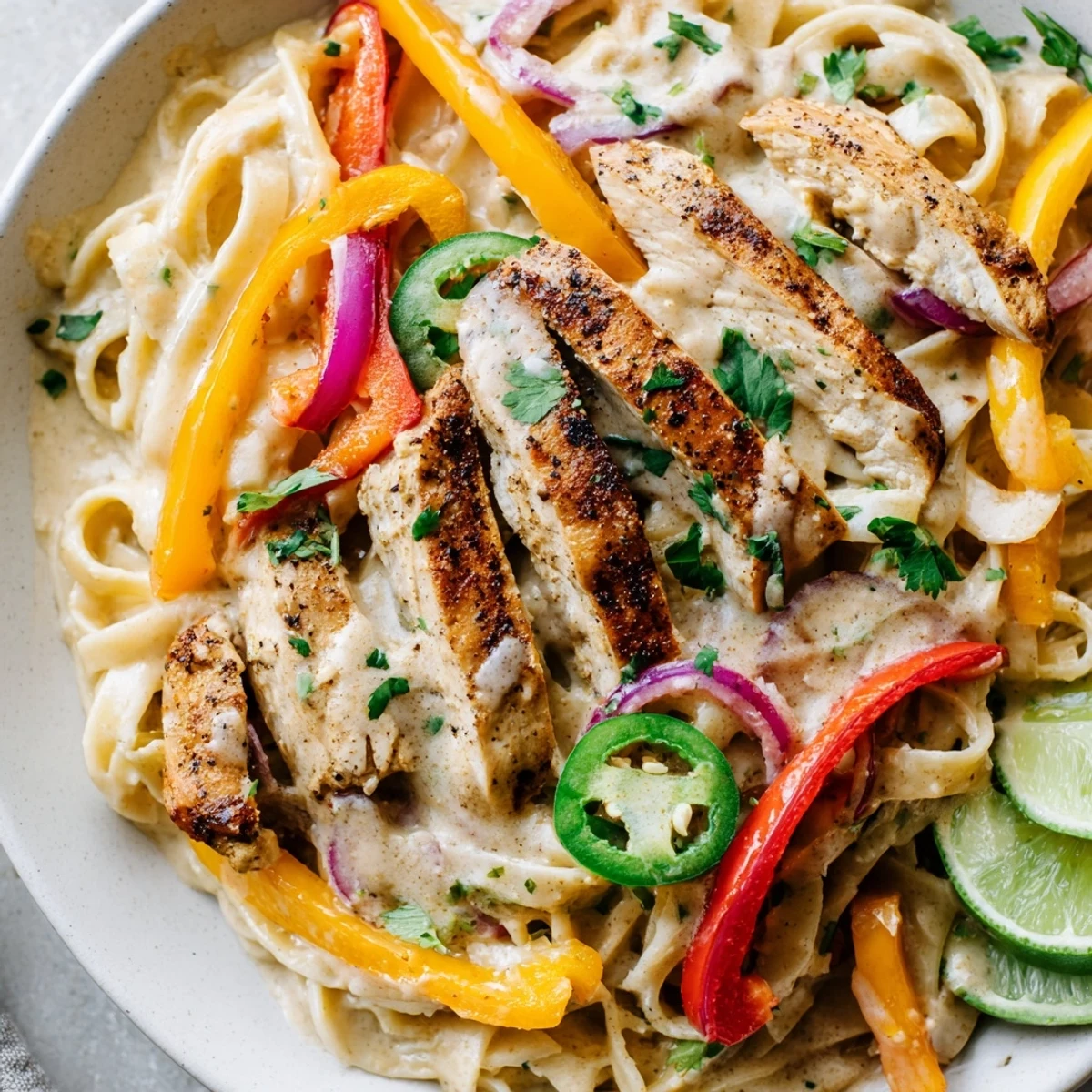 Southwest chicken alfredo pasta dish featuring juicy spice-rubbed chicken, sautéed red and yellow peppers, and rich Parmesan cream sauce with chipotle and lime