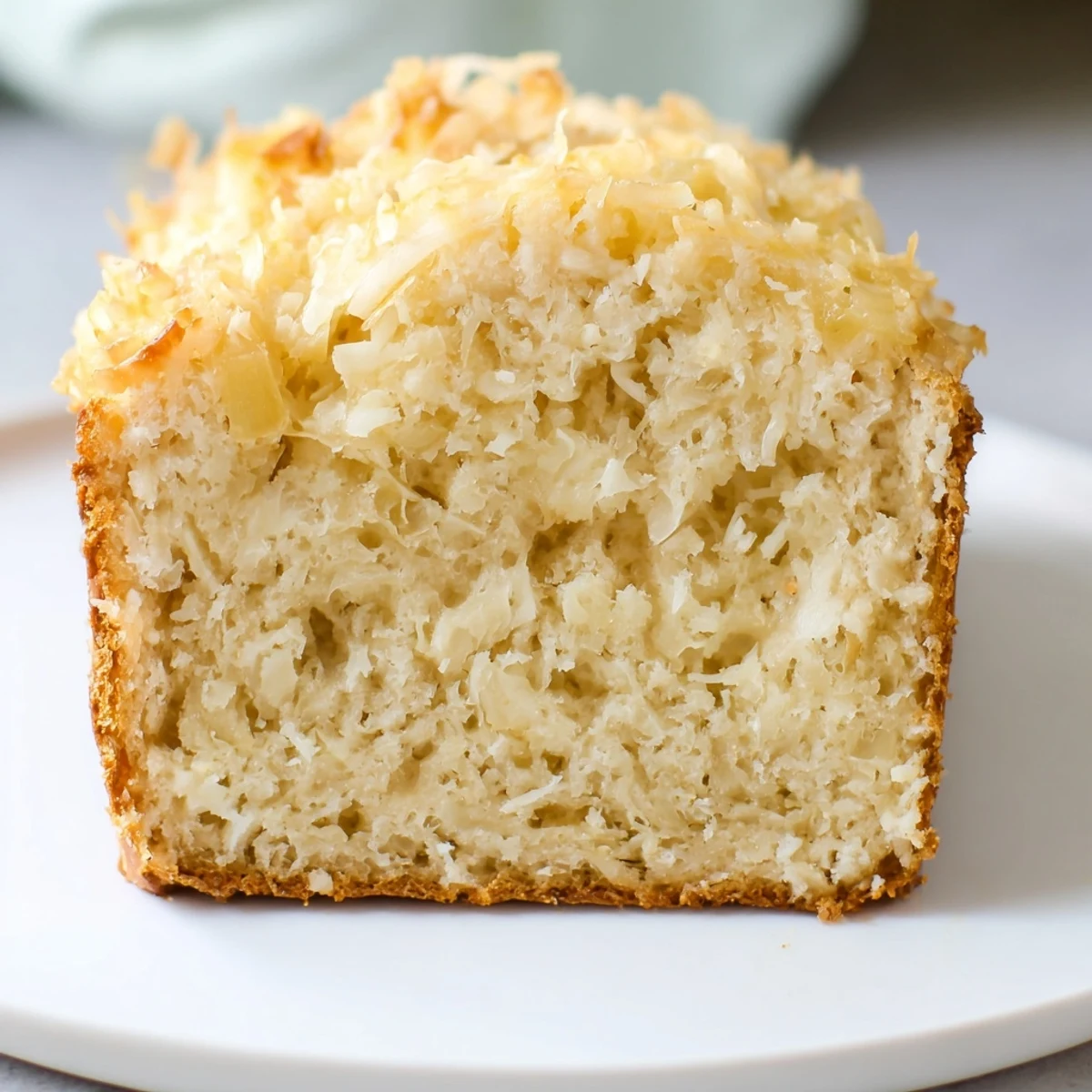 Golden brown pineapple coconut bread loaf sliced to reveal moist tropical fruit chunks inside