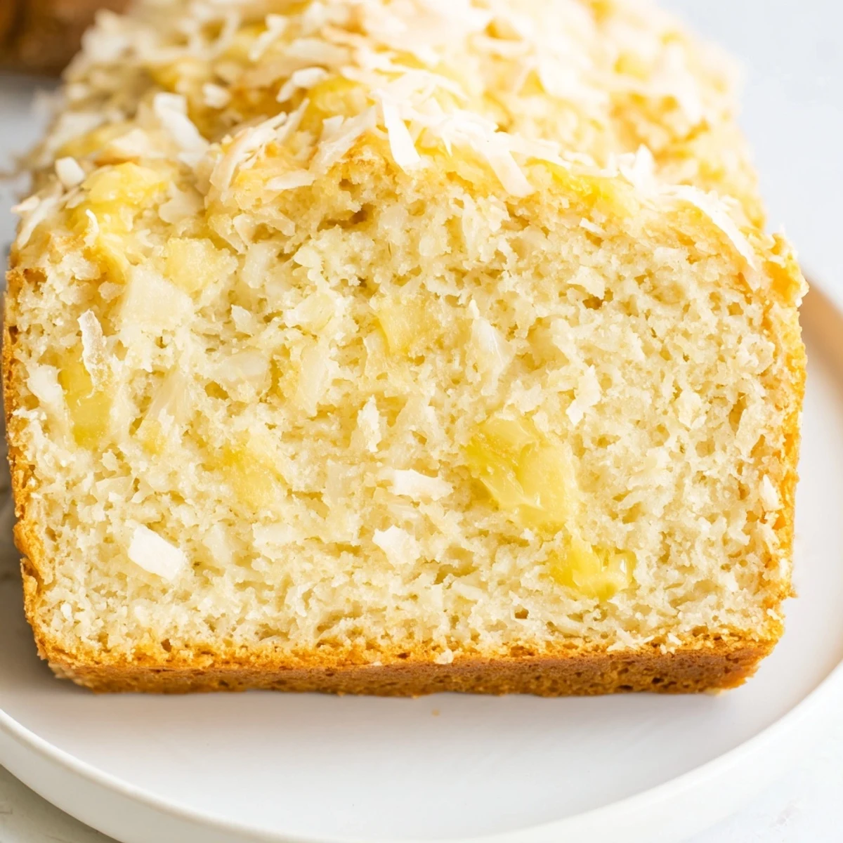 Thick slice of warm pineapple coconut bread served on white plate with melted butter