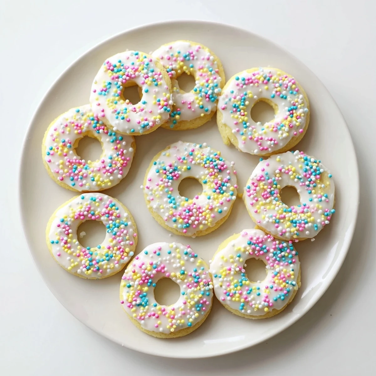 Traditional Italian Easter Cookies arranged on white plate with lemon glaze and rainbow decorations