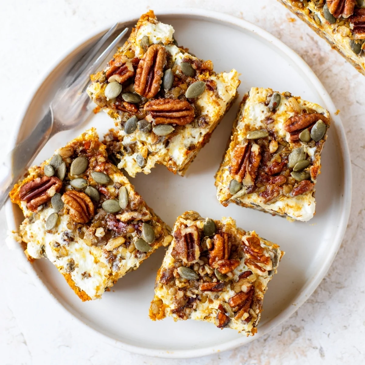 Golden high protein cottage cheese pumpkin bake with spiced aromas and chopped pecans sprinkled on top