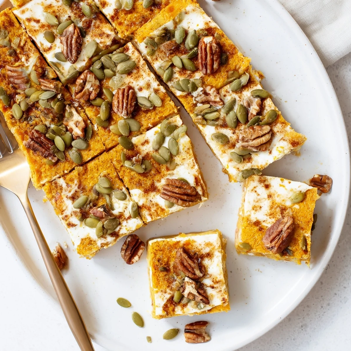 Creamy pumpkin and cottage cheese breakfast bake cooling in the dish with pumpkin seed garnish