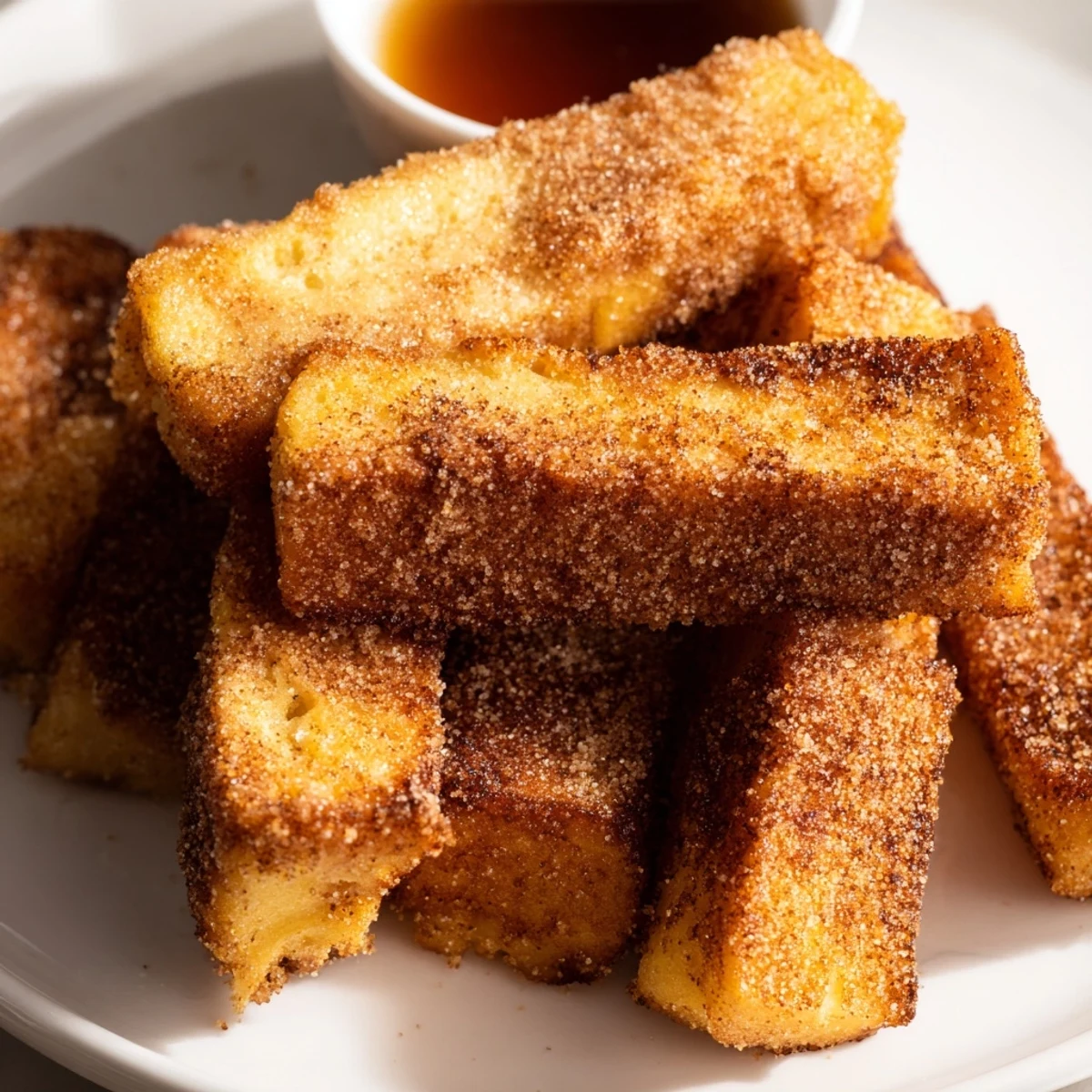 Golden cinnamon French toast sticks arranged on a plate with maple syrup dipping cup