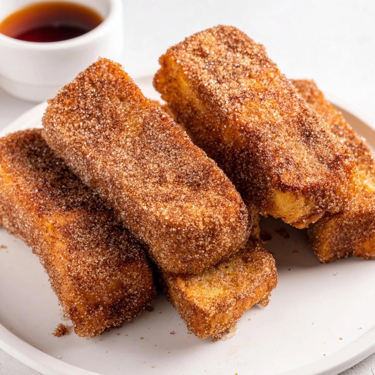 Crispy coated Cinnamon French Toast sticks served on white plate with warm syrup