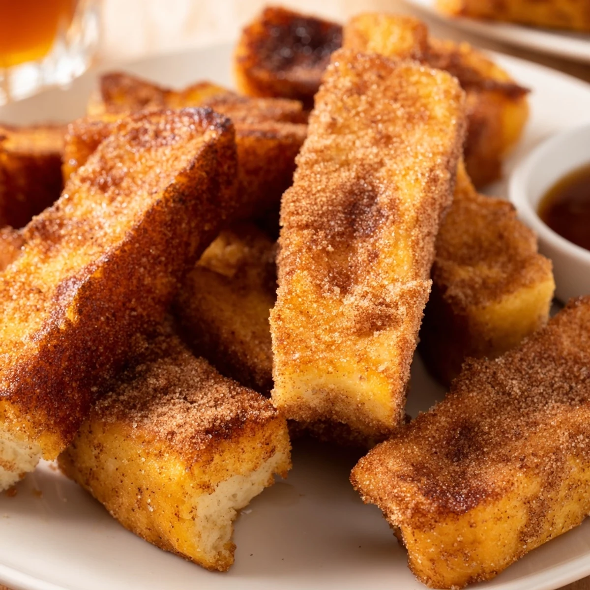Plate of warm cinnamon sugar coated French toast sticks ready for breakfast dipping