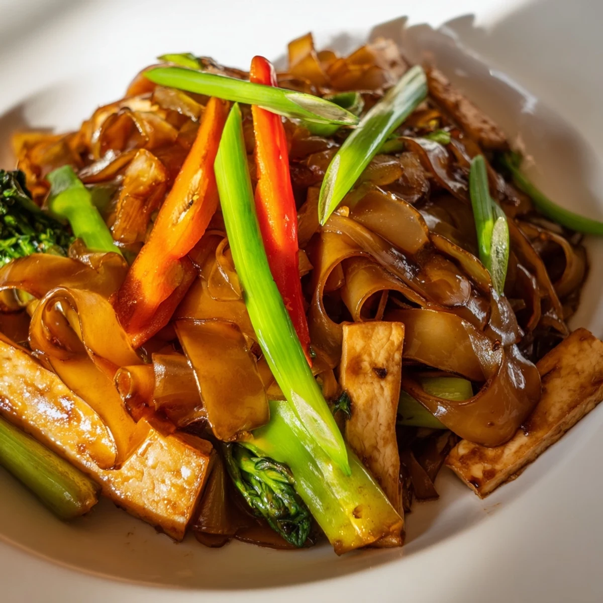 Golden wide rice noodles stir-fried with crisp Chinese broccoli and savory vegan soy-based sauce