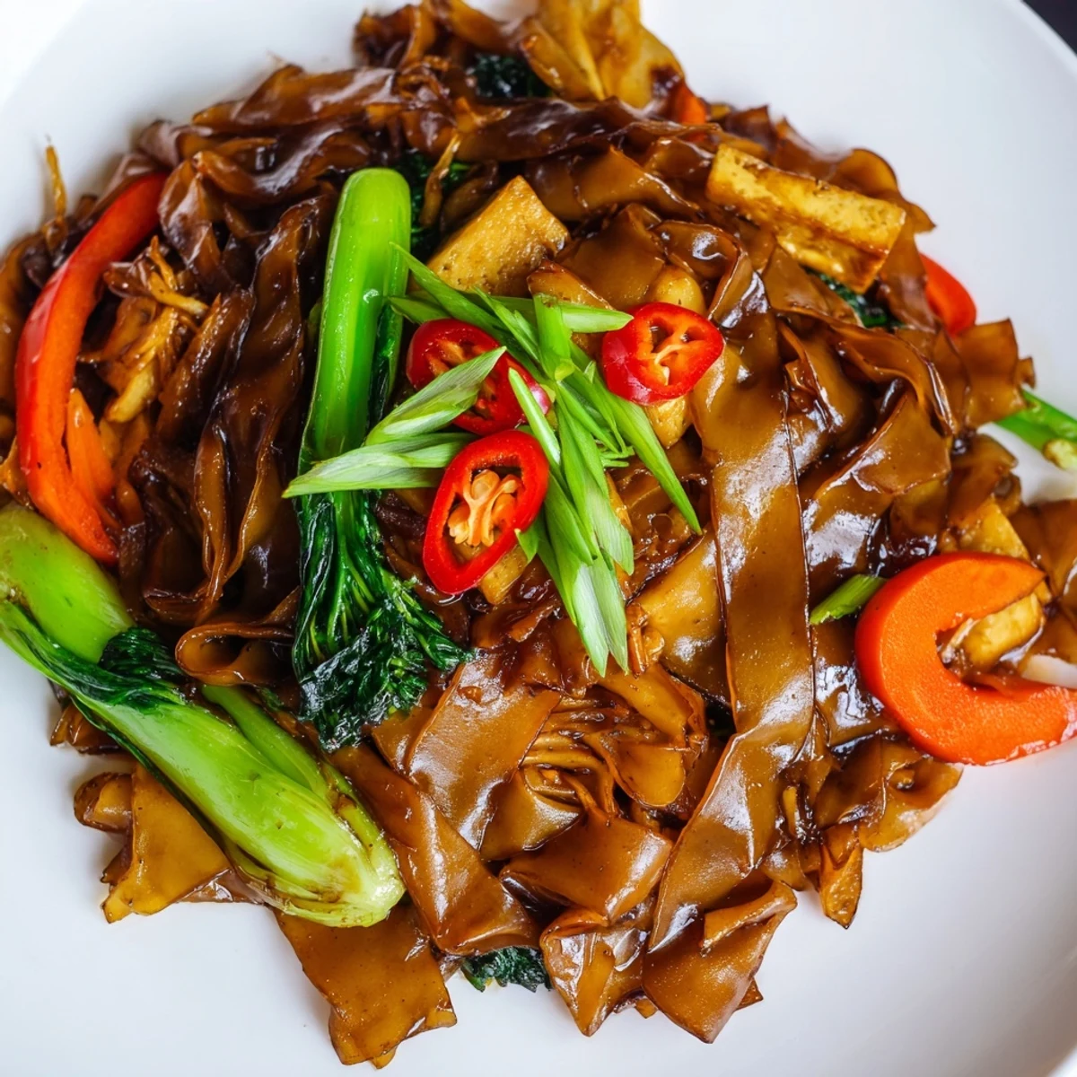 Vegan Pad See Ew served in a bowl with fresh green onions and lime wedges