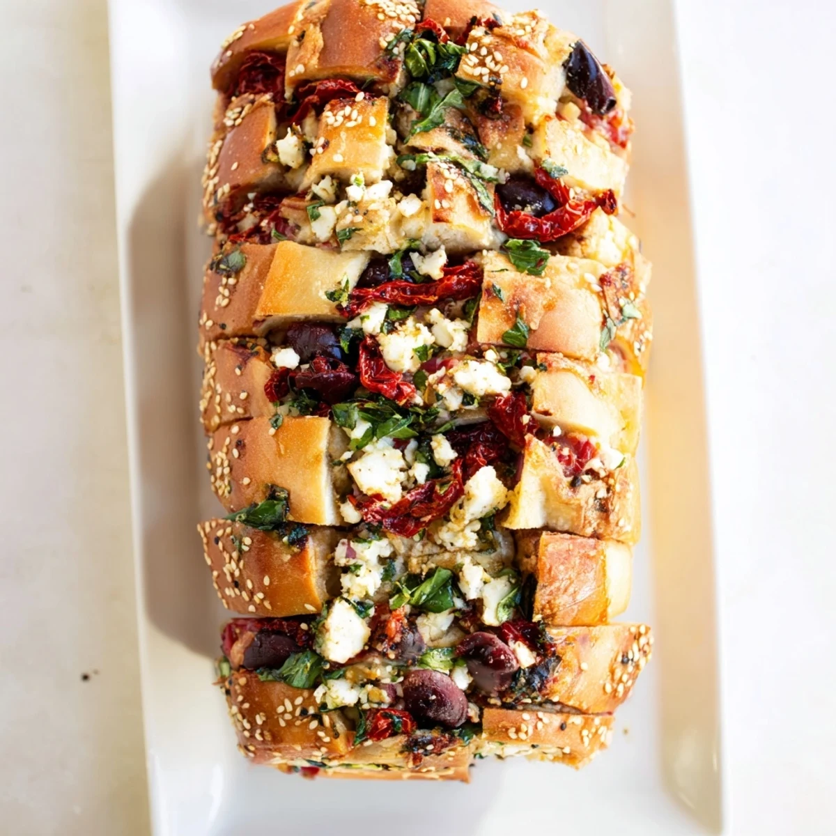 Golden Mediterranean pull-apart bread featuring sun-dried tomatoes, olives, and feta in a soft, shareable loaf