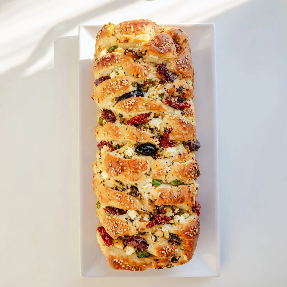 Soft vegetarian pull-apart bread stuffed with Mediterranean flavors like feta, olives, and fresh herbs