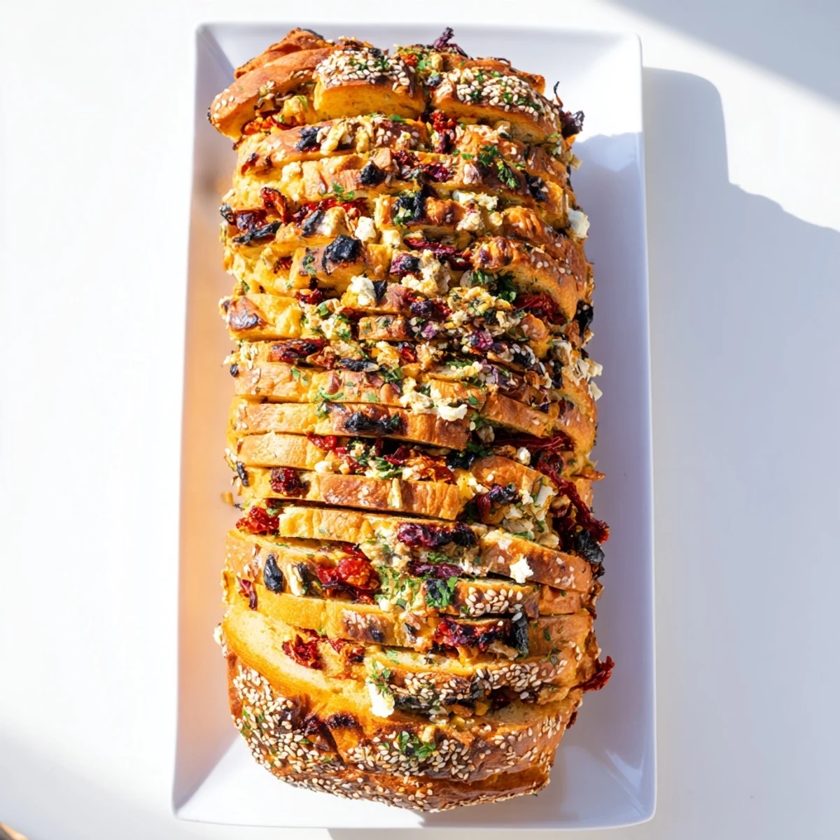 Freshly baked Mediterranean pull-apart bread with layers of sun-dried tomatoes and Kalamata olives, perfect for sharing