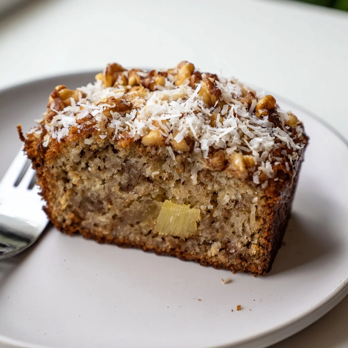 Moist tropical banana bread studded with pineapple chunks and shredded coconut, freshly sliced