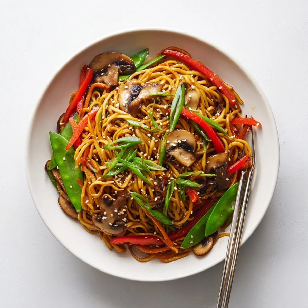 Close-up of vegetarian garlic mushroom chow mein loaded with snap peas, carrots, and aromatic garlic sesame sauce