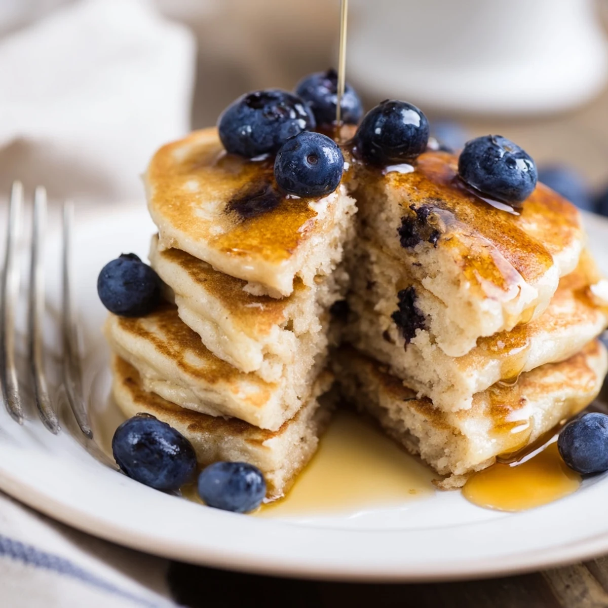 Golden brown Greek yogurt banana pancakes cooking on a skillet with bubbles forming on the surface, ready to flip for breakfast.