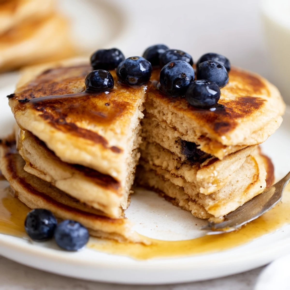 Plate of protein-rich Greek yogurt banana pancakes garnished with fresh berries and honey, served for a wholesome family breakfast.