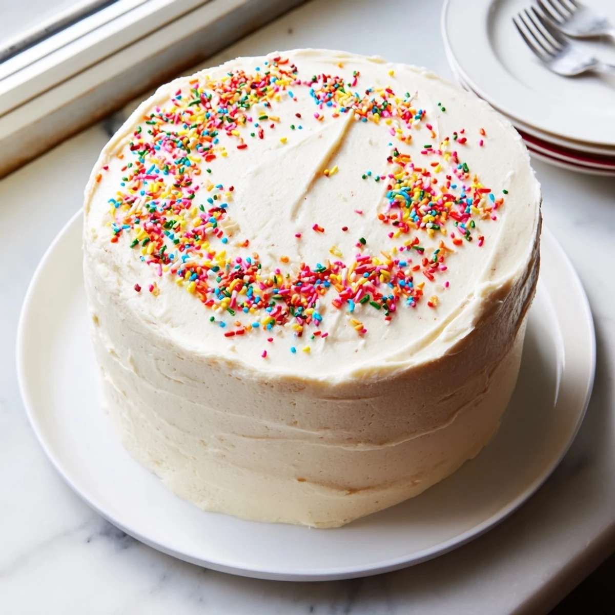 Slice of vanilla bean birthday cake revealing tender crumb topped with white buttercream
