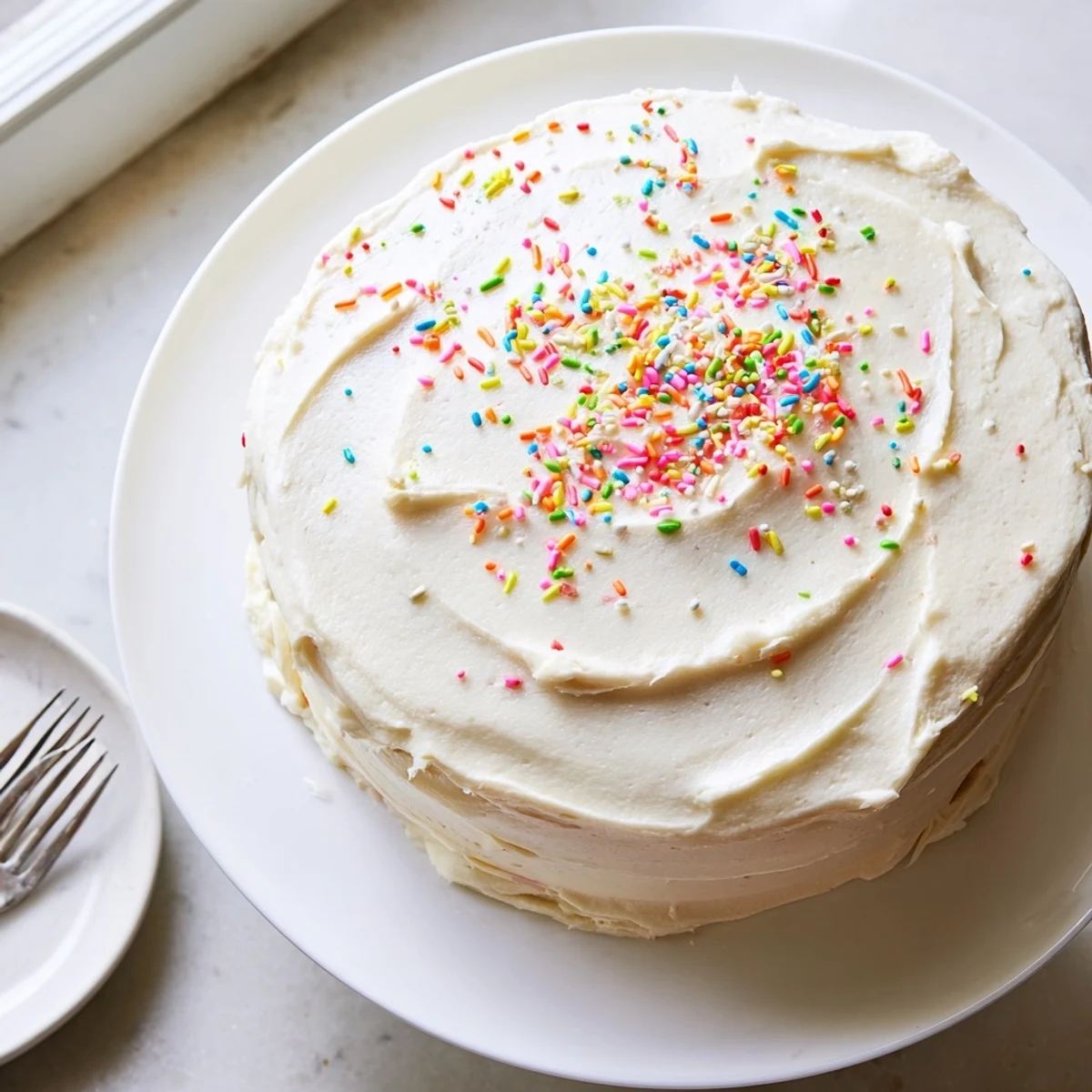 Golden vanilla bean birthday cake stacked with creamy buttercream frosting between layers