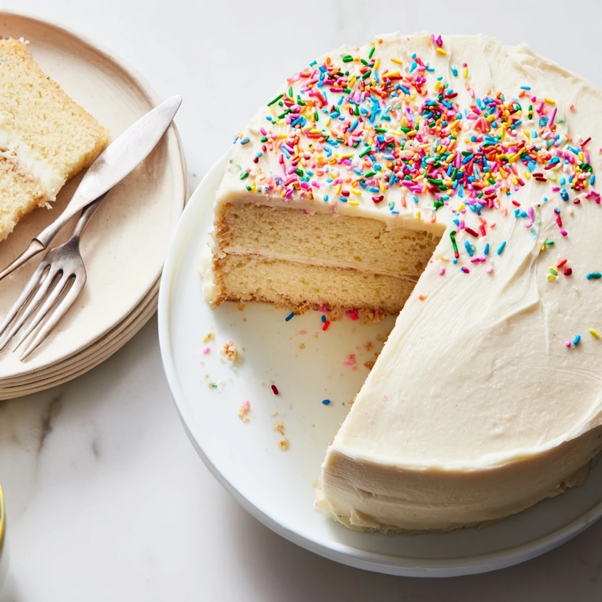 Two-layer vanilla bean birthday cake frosted with smooth buttercream and colorful sprinkles