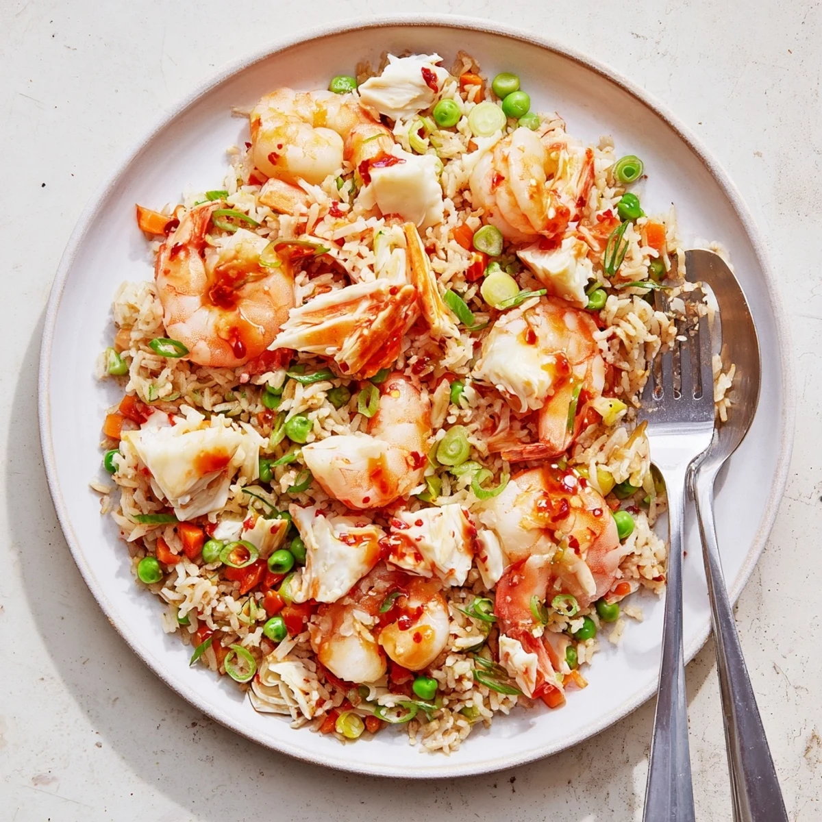 Golden fried rice studded with pink shrimp, crab, and colorful vegetables drizzled with spicy red garlic chili oil